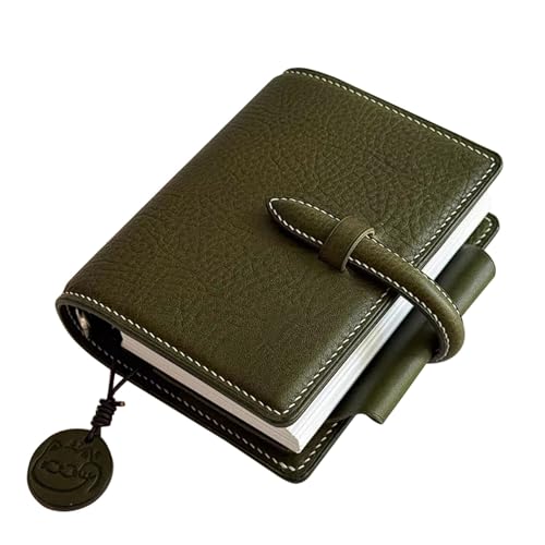 Carnet à feuilles mobiles A7 esmen vert olive en cuir fait main avec son charme chat élégant