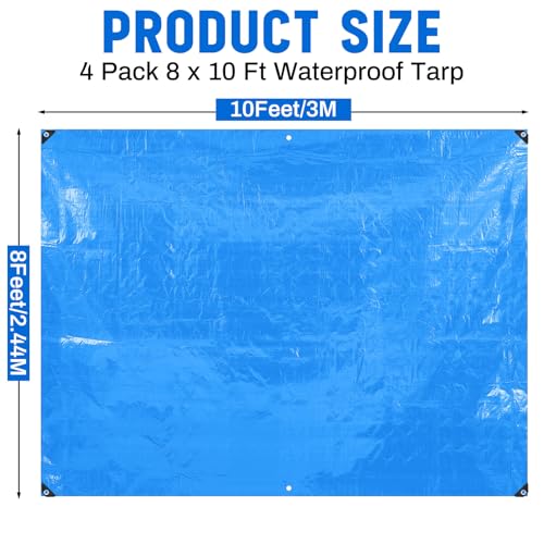 Image of 4 Pack 8 x 10 ft 5.5 Mil Large Tarps Heavy Duty Waterproof Tarp Multi Purpose Tent Cover for Home Boats Cars Camping Patio Furniture Roof Emergency Rain Protective Cover, Blue