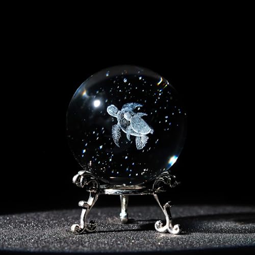 HDCRYSTALGIFTS Briefbeschwerer mit 3D-Lasergravur, Meeresschildkröten, Kristallkugel, Briefbeschwerer mit Ständer, 60 mm, Glas, volle Kugel, Ozean-Tier für Heimdekoration, Geschenke für Mutter
