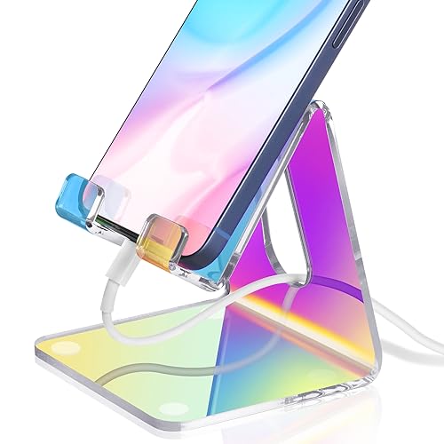 Tomorotec Iridescent Acrylic Cell Phone Stand, Portable Phone Holder for Desk Non-Slip Desktop Smartphones/Tablets Holder Compatible with iPhone Samsung Galaxy Pixel iPad Phone Cradle Dock Home Office