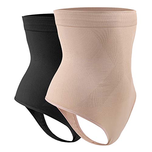 DREAM SLIM Women s High-Waist Seamless Body Shaper Briefs Firm Control Tummy Slimming Thong Shapewear Panties Girdle Underwear (Nude Black 2 Pack, Med Large)
