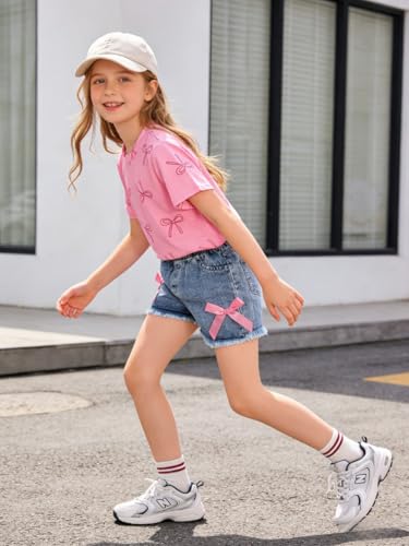 Image of Azmxynol Kid Girls Clothes Outfits Bowknot T-Shirt + 2 In 1 Denim Short Skort Summer Clothing Set, Size 4-10 Years