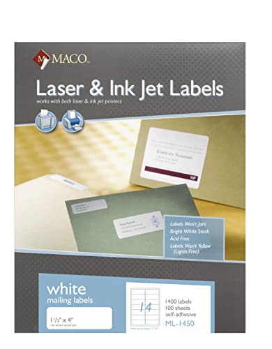 Maco Laser/Ink Jet White Address Labels, 1-1/2" X 4", 14 Per Sheet, 1400 Per Box (Ml-1450) #TOP4