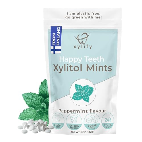 Xylitol Mints for Oral Care - Peppermint flavor 100% Xylitol sweetened Sugar Free Candy Happy Teeth dental mints from Finland 5oz - 245 mints