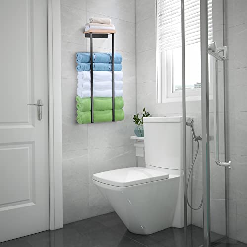 Towel Rack Wall Mounted - Kegii Towel Racks With New Upgrade Wood Shelf, Towel Storage Wall Can Holds Up To 5 Large Size(63X40 Inch) Of Rolled Towels #TOP4
