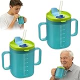 Schnabeltasse Senioren 300ml, Duckbill Schnabelbecher Senioren mit 2 Griff, Deckel, Auslaufsicherer Trinkbecher mit Strohhalm Doppeltem Verwendungszweck für Ältere Menschen, Kind (2pcs) (Blau)