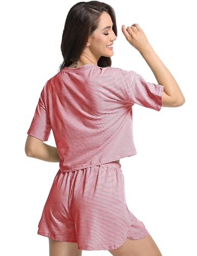 Image of Split Short Pajama Set Soft Women's Striped Pajama Sleeve Tee & Elastic Waist Shorts Summer Lounge Sleepwear
