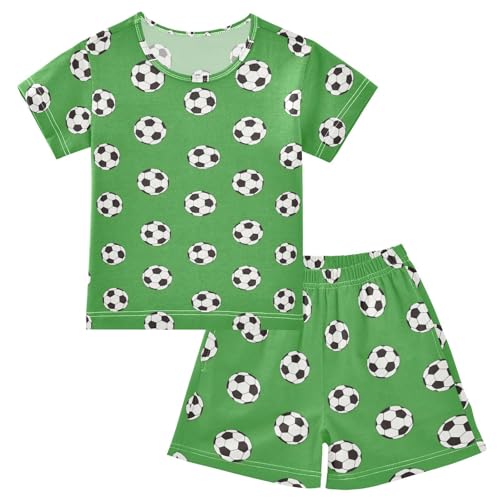 ALAZA White Black Soccer Ball Green Pajamas Short Sleeve 2 Piece Sleepwear Top and Bottom Pajama Set Unisex