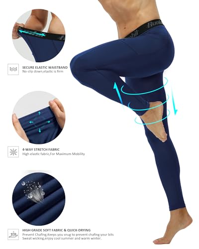 Image of Runhit Mens Compression Pants Running Tights Pockets Sports Leggings Spandex Workout Cycling Athletic Thermal