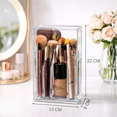 Image of KiZY Luxury Clear Acrylic Lipsstic Nail Polish Makeup Brush Organizer | Elegant Multi-Compartment Makeup & Desk Storage Box for Vanity or Office (Big)