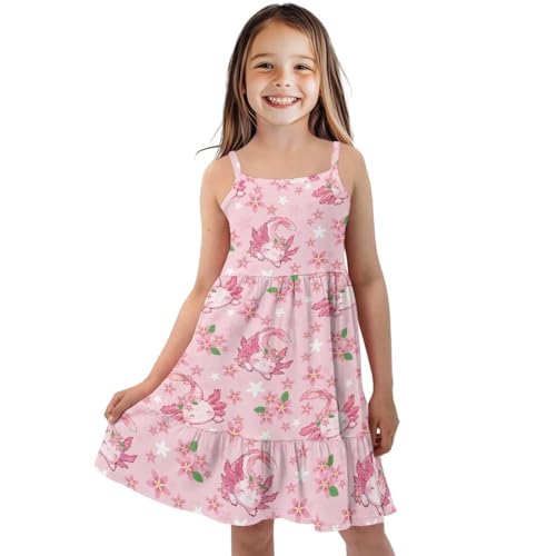 Epaihaiy Vestido halter para niñas, sin mangas, tirantes delgados, dobladillo oscilante, vestido de verano para niños, Axolote de flor de cerezo, 7-8
