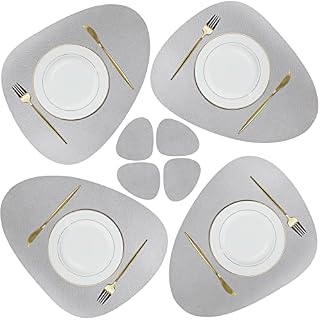 Olrla PU Leather Placemat and Coaster Set of 4, Place Mats Non-slip Wipeable Waterproof for Indoor Kitchen Dining Table Restaurant Party Outdoor BBQ(Light Grey)