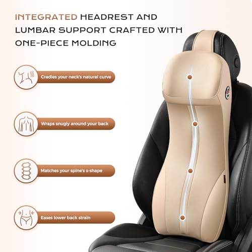 Image of Coverado Car Seat Cushion and Integrated Neck Pillow Lumbar Support Kit, Ergonomic Lumbar Support Pillow for Car, Soft Leather Memory Foam Car Seat Cushion for Sciatica & Back Pain Relief, Beige