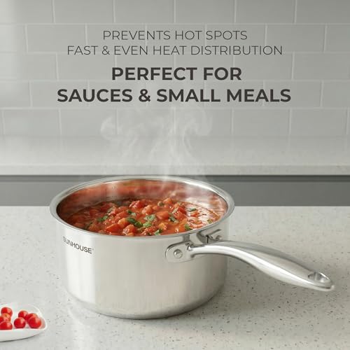 Image of SUNHOUSE 3 QT Sauce Pan with Lid, Full Clad 3-Ply Stainless Steel Saucepan | Small Cooking Pot & Milk Pan - Induction Compatible - PFOA Free, Oven & Dishwasher Safe, Stay-Cool Handle