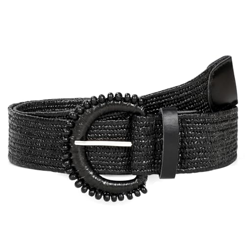Image of Straw Woven Elastic Belt for Women Stretchy Belts for Dress Fashion Boho Waist Belt Rattan Raffia Ladies Belts