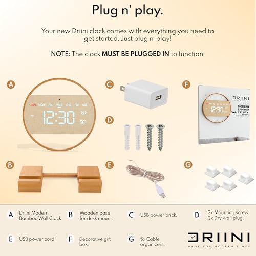 Driini 00198168831380 Modern Large Digital Wall Clock - Bamboo Wood With Large Led Display- Day Of Week, Time, Temperature, And Humidity thumb #5