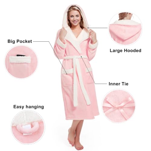 Image of Inner Wish Women Hooded Plush Robe, Fleece Highly Absorbent Cozy Warm Bathrobe
