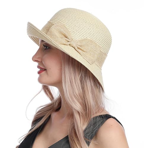 Generisch Strohhut Damen Fedora Trilby Hüte Sommerhut Sonnenhut Faltbarer Panama Hut Sonnenschutz Sommerhut Verstellbare Strohhut (DE/NL/SE/PL, Alphanumerisch, Einheitsgröße, Beige)