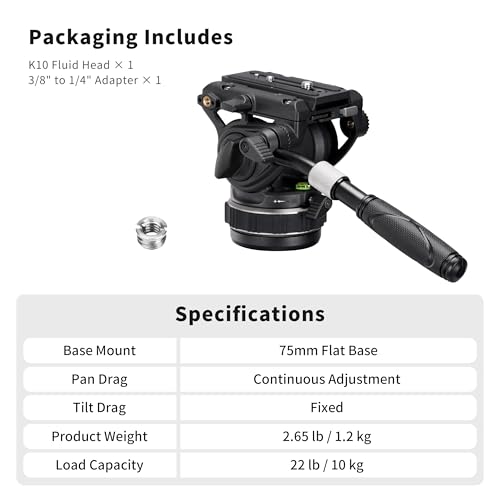 Cayer K10 Pro Heavy Duty Fluid Head, 75mm Base Adjustable Pan Drag 22 Lb - image 7