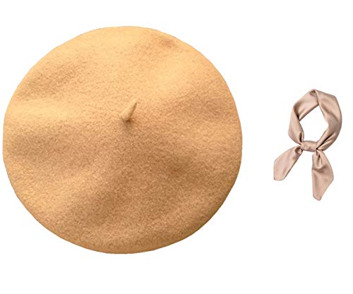 JOYHY Mujer Lana Artista Francesa Boina Sombrero con Pañuelo Cuadrado Caqui Cover