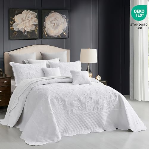 Image of Oversized King Bedspread, Stitched Paisley Quilt Set King /Cal King, Lightweight Reversible Coverlet, Scalloped Edge - Clean Classic Look, 5 Piece, Pure White