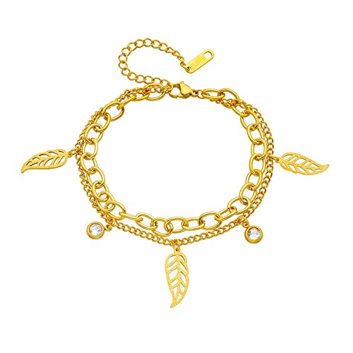 Bracelet femmes à double chaînes de poignet : l'élégance des feuilles au quotidien