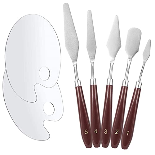 RosewineC Ensemble de couteaux de peinture avec palette de peinture acrylique, spatule en acier inoxydable, couteau d'artiste, grattoir, outils de peinture (5 couteaux + 2 palettes) Cover