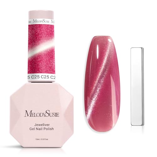 Image of MelodySusie Jeweliver Cat Eye Gel Nail Polish, 0.5 Fl Oz Hot Pink Glitter Holographic Magnetic Nail Polish with Magnet, UV Nail Polish for Nail Art Manicure Salon DIY at Home C25