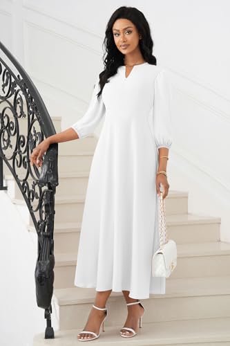 Image of FANDEE Maxi Dress for Women Casual 3 /4 Sleeve V Neck Semi Formal Fit and Flare Dress Classy High Waist Wedding Guest Dresses