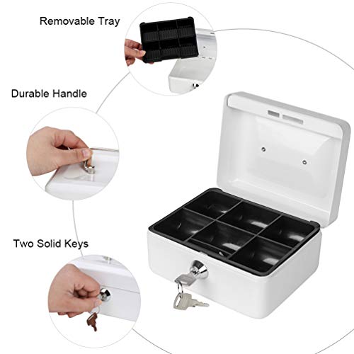 Cash Box with Money Tray, Parrency Small Money Box with Key Lock, 6\" x 4 4/5\" x 3\", White