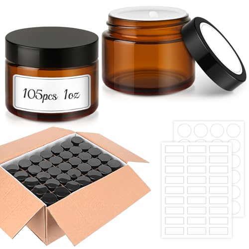 105 Pack 1 OZ Amber Glass Jars with Black Lids, White Labels & Inner Liners