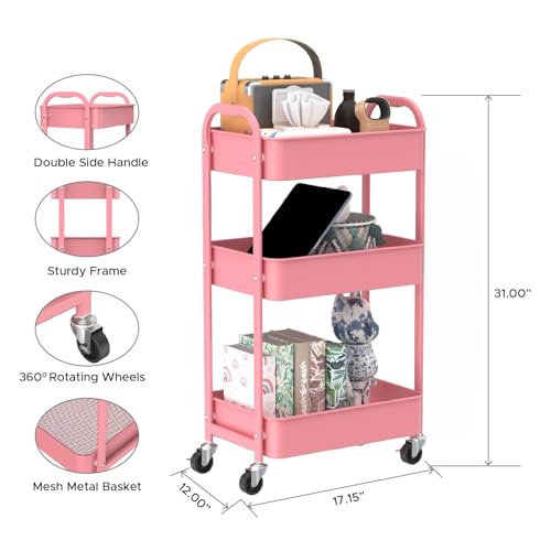 Image of MAX Houser 3-Tier Rolling Utility Cart with Caster Wheels,Easy Assembly, for Kitchen, Bathroom (Pink)