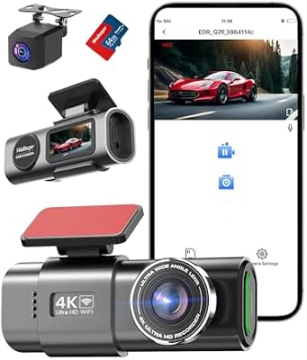 Cámara de Coche Frontal y Trasera, 4K+1080P WiFi Dashcam con Tarjeta 64G, Control App, WDR, Super Visión Nocturna, 170°+140° Ángulo Ancho, G-Sensor, Monitor de Aparcamiento, Grabación de Bucle