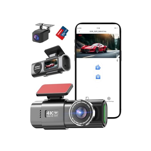 Dash Cam Front and Rear with WiFi, 4K/1080P, 1.47″ Small Dash Camera for Cars, UHD 2160p Recording Car DVR Cam with 170° Wide Angle, Night Vision, Parking Monitor, G-Sensor, 64G SD Card, USB C Port