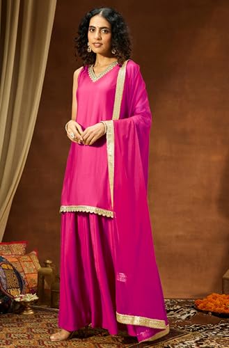 Image of Janasya Women's Chanderi Silk Embellished Straight Kurta With Sharara & Dupatta Set