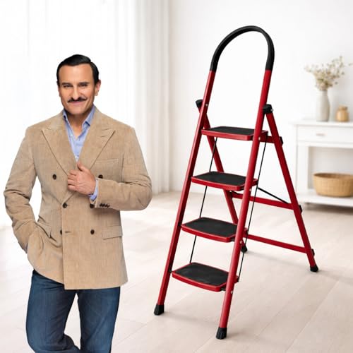 Image of Sparsh Pearl Steel Ladder for Home 4 Steps Foldable with Anti-Skid Wide Steps | 4 Step Ladder for Home Use with D-Shape Rods | Secure Lock | 150 Kg Capacity Folding Ladder | 5 Year Warranty (Red)