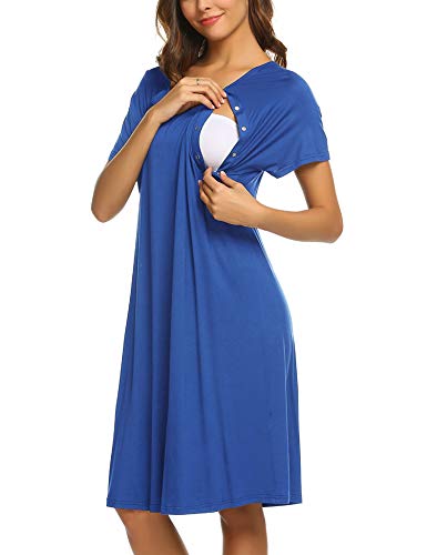 Ekouaer Womens, Nursing Nightgown Nightshirt, Maternity Short Sleeve Birthing Gown With Snap, Snorkel Blue, Medium #TOP2