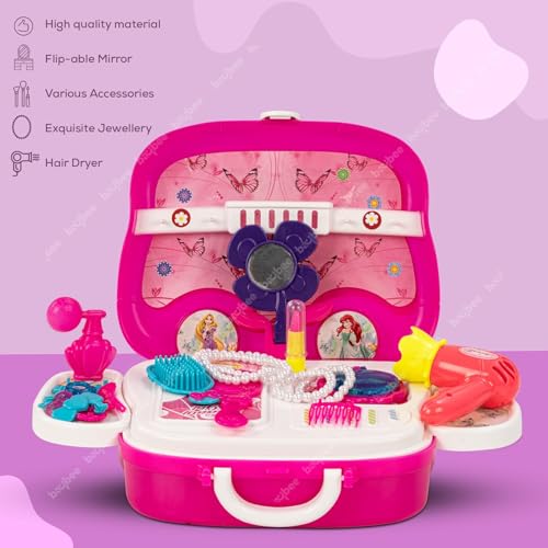 Image of Baybee Beauty Set Toys for Girls | Kids Makeup Set with Role Play Toys with Make up Table, Hair Accessories & Styling Tools, Portable Toy Set for Girls 3+ Years (Yellow)