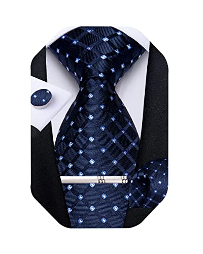 Image of DiBanGu Plaid Ties for Men Silk Checkered Necktie and Pocket Square Cufflinks Tie Clip Set with Gift Box for Wedding Business