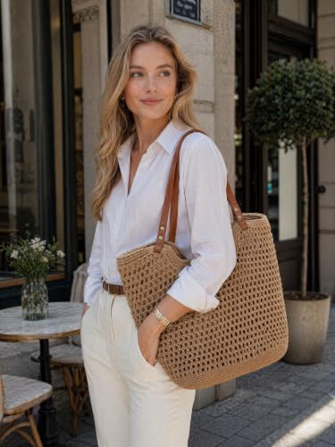 Image of TeeYee Boho Crochet Summer Handbag Handmade Cotton Rope Knit Shoulder Bags for Women Bohemia Tote for Travel