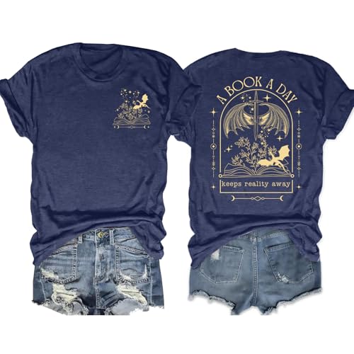 Book Shirts for Women A Book A Day Keeps Reality Away Tshirt Book Lovers Shirt Bookworm Short Sleeve Tees Tops(Blue,Medium)