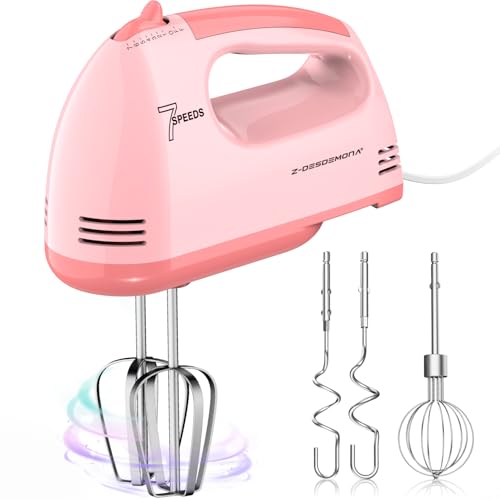Z-DESDEMONA Elektrischer Handmixer, Kleine Lebensmittelmischer 7 Geschwindigkeiten Handmischer, 304 * (1 * Whisk, 2 * Beater, 2 * Teighaken) Küchenmischer für Sahne, Kekse