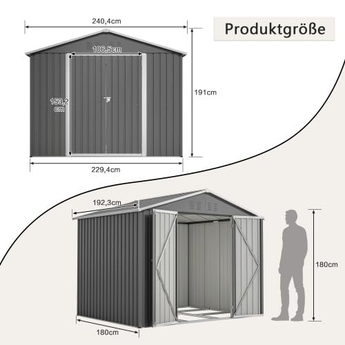 Metalowy domek na narzędzia, 240 x 192 x 191 cm, stal ocynkowana, szerokie drzwi na zawiasach (106 cm), zamykany, szary – szopa ogrodowa na narzędzia, rowery i kosiarki do trawy na podwórku, tarasie