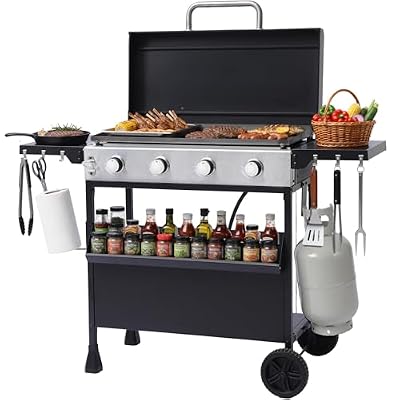 Dephet 4-Burner Propane Gas Griddle with Removable Stand, 40,000 BTU Flat Top Grill with 455 sq.in Cooking Area, Portable Outdoor BBQ Grill w/Foldable Side Tables, Wheels for Patio, Backyard, Camping