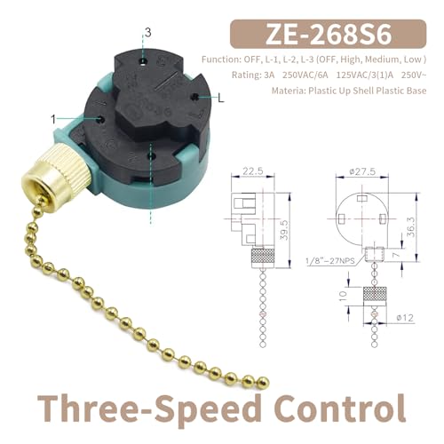 Image of Ceiling Fan Pull Chain Switch, 3-Speed 4-Wire Zing Ear ZE-268S6 Replacement Switch for Hunter, Hampton Bay, Harbor Breeze Ceiling Fans, Easy to Install (1PCS, Brass)