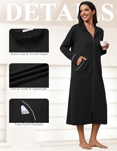 Image of Ekouaer Zipper Robes for Women Long Sleeve Lightweight House Coats with Pockets Zip Up Bathrobe Loungewear S-3XL