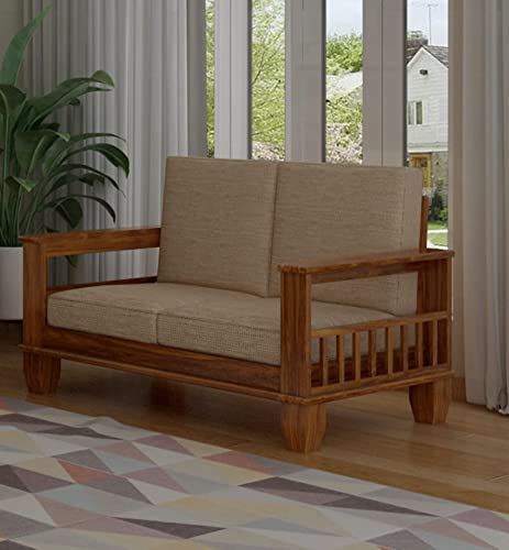 Image of Solid Sheesham Wooden 2 Seater Sofa Set for Living Room | Two Seater Sofa Set with Side Pocket Storage & Cushion | Rosewood Sofa Set for Home (Teak, 2 Seater)