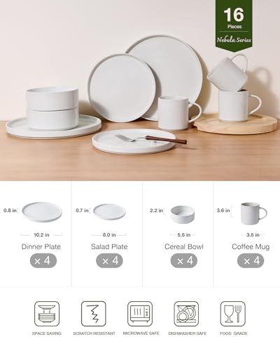 Image of Famiware Nebula Dinnerware Sets with Mugs, Service for 4 (16 Pieces), Fine Stoneware Plates and Bowls Sets, Microwave and Dishwasher Safe Dishes Set, White