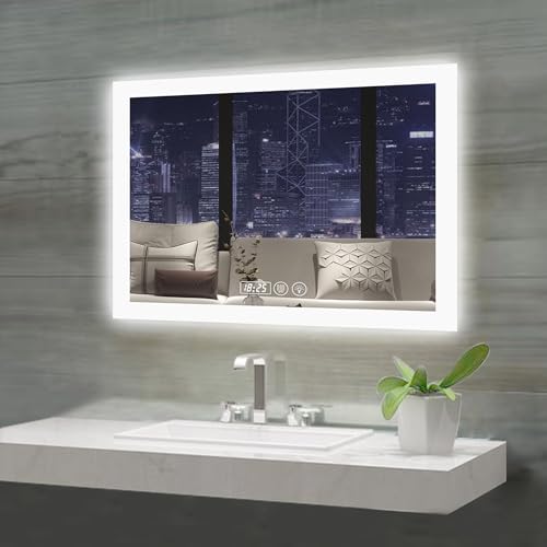 GESIPOR LED Smart Mirror with Display, Wall-Mounted Bathroom Vanity Mirror,