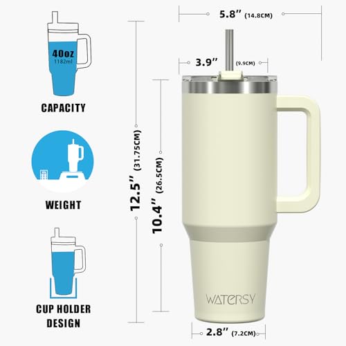 40 oz Tumbler with Handle,Tumbler with Lid and Straw,Double Wall Insulated Cup Stainless Steel Travel Mug(Cold for 34 Hours),Water Bottle for Iced Tea,Coffee,Cold Beverages(Cream White) by WATERSY - Used condition - Image 8